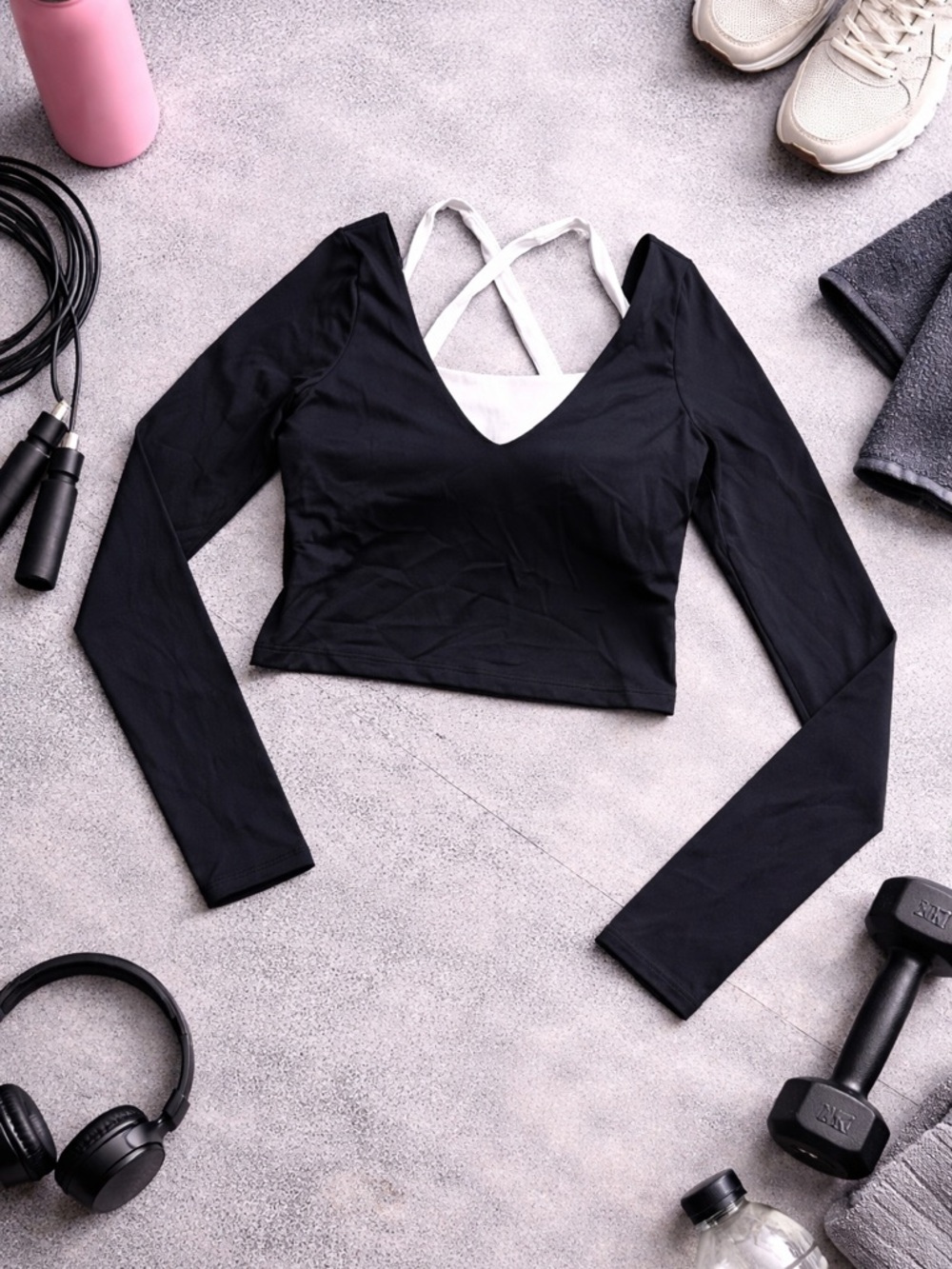 Black Long-Sleeve V-Neck Cropped Workout Top with White Strappy Back